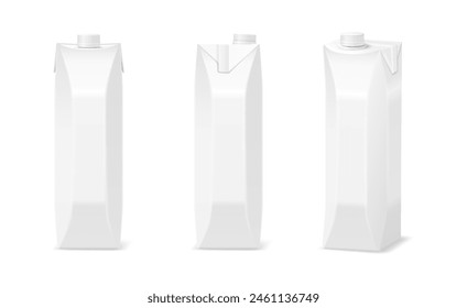 Liquid food product mockup packaging realistic vector illustration set. Recyclable blank packs for milk 3d objects on white background