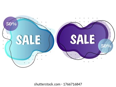 
Liquid forms, advertisements
 for sale. 50% discount, special discounted price offer. Multicolored, colorful objects with geometric elements and black stroke. Vector