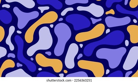Liquid forms seamless background. Fluid elements repeating wallpaper. Organic blobs backdrop in yellow, purple and blue. Modern texture