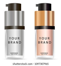 Liquid Foundation container mockup. 3d Vector Illustration. Cosmetic bottle package design isolated on white background.