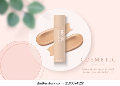 liquid foundation and cosmetics product ads template on pink background.