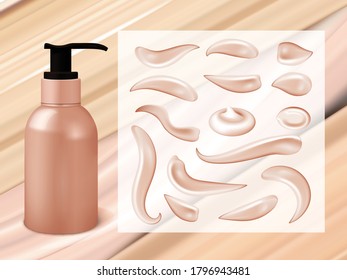 Liquid foundation cream bottle with bb concealer cream strokes collection. Beige cosmetic container for makeup. Cosmetic concealer smear strokes. Realistic 3d vector illustration