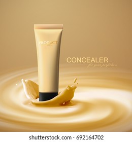 Flüssige Cremetube mit cremigem Kronensplash. Werbeplakat für kosmetische Mittel. Frauen Schönheitsinformation. Gesichtsverbinder für Make-up. Tone Creme. Verpackungsdesign. 3D-realistischer Vektor