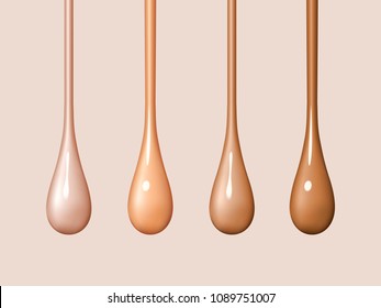 Liquid foundation drops isolated on background. Streams of drops flow. Creamy texture of droplets. Design elements of advertising of cosmetics. Vector realistic 3d illustration.