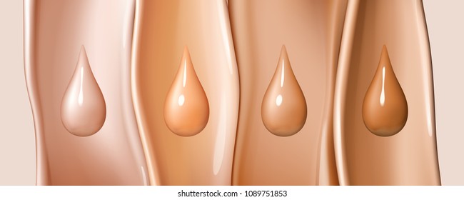 Liquid foundation drops isolated on colored liquid flows background. Creamy texture of droplets. Design elements of advertising of cosmetics. Vector realistic 3d illustration.