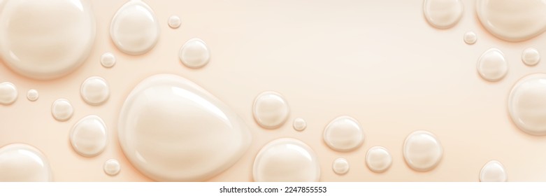 Liquid foundation drops. Makeup cosmetic, bb cream, skin tone concealer texture top view. Banner with beauty product splash with droplets and copy space, vector realistic background