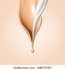 Liquid foundation elements. Flow beige liquid and white fluid creamy texture isolated on background. Vector realistic 3d illustration.