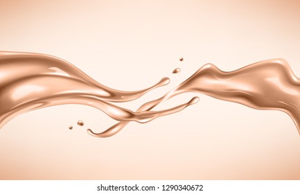 Liquid foundation elements. Splashing beige liquid, flow of creamy texture isolated on background. Vector realistic illustration