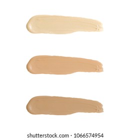 Liquid Foundation Tone Smudge. Set Concealer Smear Cosmetic Cream Isolated On White Background, Brown Stroke Texture. Makeup Vector
