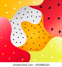 Liquid fruit vector background. Minimal summertime watermelon, lemon, strawberry, orange, mandarin, passionfruit, dragonfruit (pitahaya) trendy shape design.