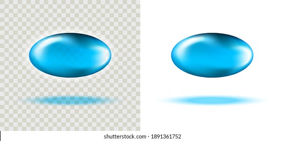 Burbuja de aceite de la ronda azul de gel líquido aislada en un fondo transparente. Cápsula cosmética de aceite de vitamina E, A u omega 3 ó 6. Realista.