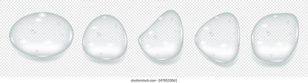 Gel líquido, gotas de suero con microburbujas, gotas de esencia. Producto cosmético para el cuidado de la piel. Ilustración vectorial realista sobre fondo transparente.