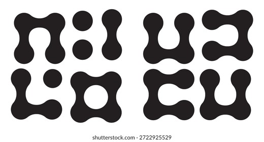 Patrón de conexión de manchas geométricas líquidas. Metaballs de fluido Abstractas e íconos de puntos. Ilustración vectorial plana aislada sobre fondo blanco.