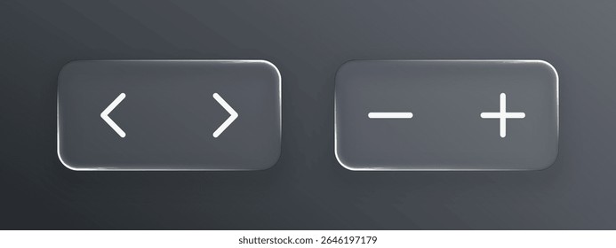 Liquid glass arrow and minus plus buttons for user interface. UI design element for app or web navigation, sign for adjust.