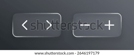 Liquid glass arrow and minus plus buttons for user interface. UI design element for app or web navigation, sign for adjust.