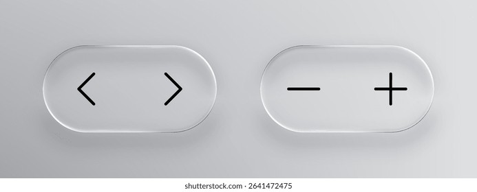 Liquid glass arrow and plus minus icons. Modern app design element for user interface. Realistic glasmorphism style button for web or mobile application. Vector graphics.