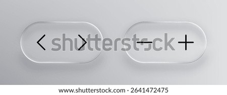 Liquid glass arrow and plus minus icons. Modern app design element for user interface. Realistic glasmorphism style button for web or mobile application. Vector graphics.