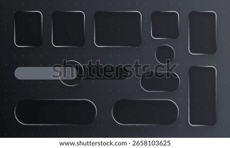 Liquid glass black vector ui elements, buttons, and frames with soft glow for tech interface design. Minimalist user experience.