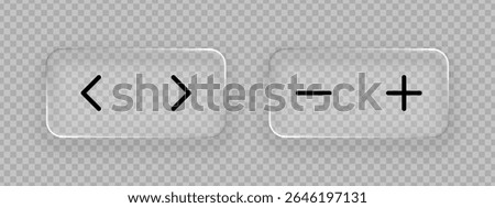 Liquid glass button elements with arrow and arithmetic signs. Computer user interface design concept. Transparent glassmorphism effect.