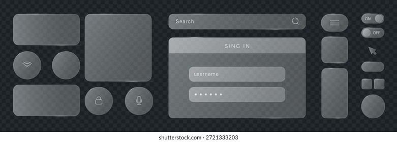 Liquid glass button interface, light frame banner set, glass panel for mobile and web app, tech board frame in futuristic style. HUD element interface with glow effect, vector illustration. 
