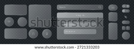 Liquid glass button interface, light frame banner set, glass panel for mobile and web app, tech board frame in futuristic style. HUD element interface with glow effect, vector illustration. 