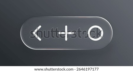 Liquid glass button with left arrow, plus, and circle icons. Modern ui element for web or application design. Transparent style.