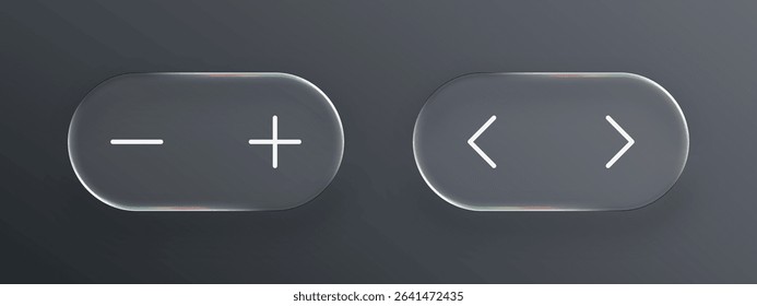 Liquid glass button with plus and minus symbols besides left and right arrows for user interface design. Vector graphics.