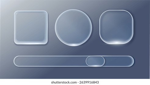 Liquid glass design elements. Set of Vector Transparent Glass Buttons UI UX. Glass Screen of Mobile Device. Smartphone Interface Design. Design Elements for Application Phone, Game Menu and Website.
