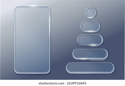 Liquid glass design elements. Set of Vector Transparent Glass Buttons UI UX. Glass Screen of Mobile Device. Smartphone Interface Design. Design Elements for Application Phone, Game Menu and Website.