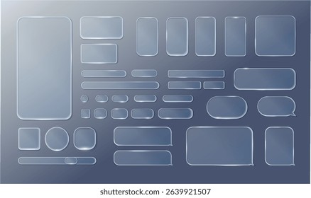 Liquid glass design elements. Set of Vector Transparent Glass Buttons UI UX. Glass Screen of Mobile Device. Smartphone Interface Design. Design Elements for Application Phone, Game Menu and Website.