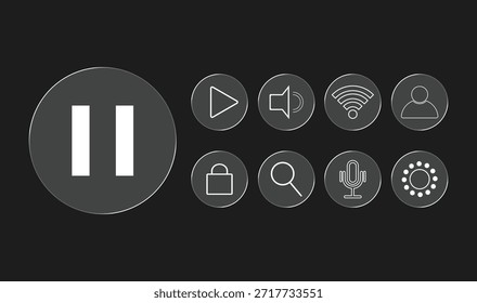 Konstruktionselemente aus Flüssigglas. Set von Vektortransparenten Glas Icons UI UX. Symbole der Media Player-Steuerungsschnittstelle Wiedergabe Lautstärkeeinstellungen anhalten