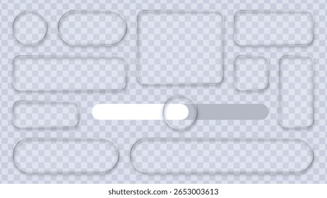 Liquid glass different shape ui button and frame set with slider mockup. Element for graphic design, web button, and app interface.