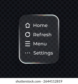 Liquid glass effect user interface element for ui ux design. Modern transparent control panel with menu and settings options.