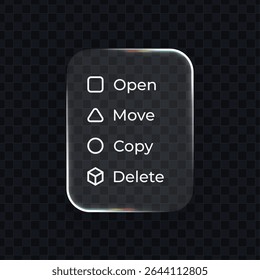 Liquid glass file management menu for software interface design. Digital user experience concept with open, move, copy, delete options.
