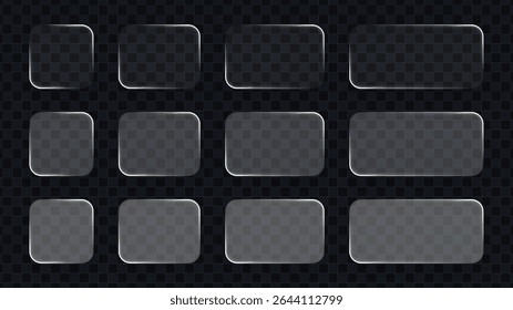 Liquid glass frames of varying shapes and sizes on a dark transparent background. Modern user interface element for digital display.