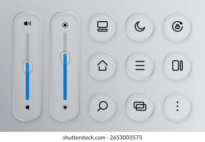 Liquid glass interface with control buttons and sliders for sound and brightness adjustment for user experience.