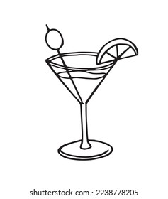 Liquid in glass with lemon hand drawn outline illustration. Beach cocktail drink clear simple with tropical fruits pen drawing logo. Martini lemonade with alcohol in glass cup single icon contours.