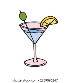 Liquid in glass with lemon hand drawn colored outline illustration. Beach cocktail simple drink with tropical fruits pen drawing logo. Martini lemonade with alcohol in glass cup single icon contours.