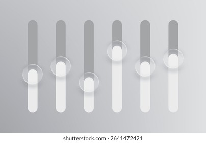 Liquid glass level adjusters with shiny round elements. Digital control interface for audio mixer or graphic equalizer. Vector graphics.