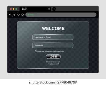Liquid Glass Login Form UI in Web Browser, Glassmorphism Sign In Page with Username and Password Fields Vector Illustration