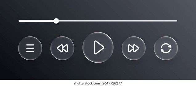 Liquid glass media player with buttons menu, play, rewind, fast forward and repeat on dark background. Web design illustration for user interface layout.