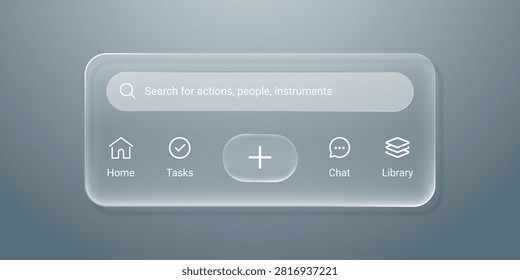 Liquid glass mobile or website navigation bar for social media apps with home, tasks, chat, library and search icons in rounded rectangle frosted glass style ui elements