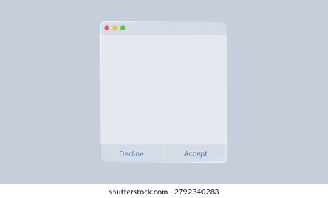 Liquid glass morphism computer window with accept and decline button. Modern user interface element with frosted blur effect. Minimalist digital popup for web design and application.
