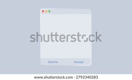 Liquid glass morphism computer window with accept and decline button. Modern user interface element with frosted blur effect. Minimalist digital popup for web design and application.
