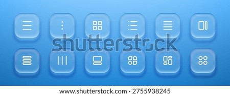 Liquid glass morphism icon set with user interface menu symbols. Minimalist soft blue frosted design element for digital application. Modern web navigation button collection for ui design.