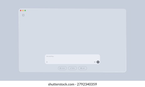 Liquid glass morphism interface with search bar. Minimalist digital window for artificial intelligence chat and web application design. Modern software UI mock up for creative productivity.