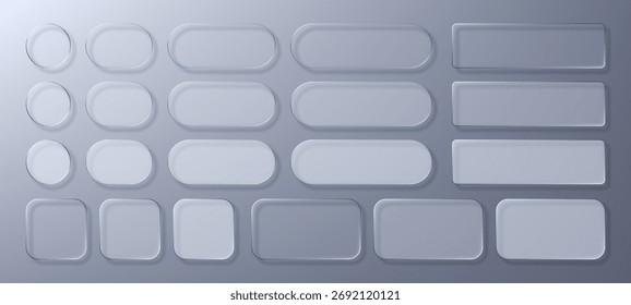 Liquid glass morphism vector banner set for modern UI interface design. Blank geometric shape button collection for web app.