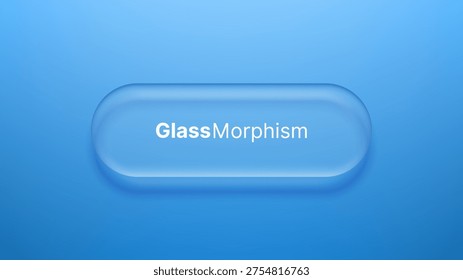 Liquid glass morphism vector button with frosted transparency effect. Matte plastic UI element on blue gradient background. Modern digital interface design component for web application.