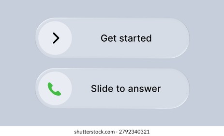 Liquid glass morphism vector button with get started and slide to answer text. Interactive UI component for mobile application. Modern frosted glass effect digital user interface design.