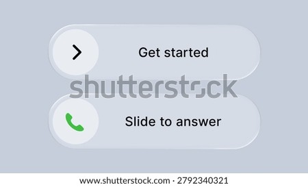 Liquid glass morphism vector button with get started and slide to answer text. Interactive UI component for mobile application. Modern frosted glass effect digital user interface design.